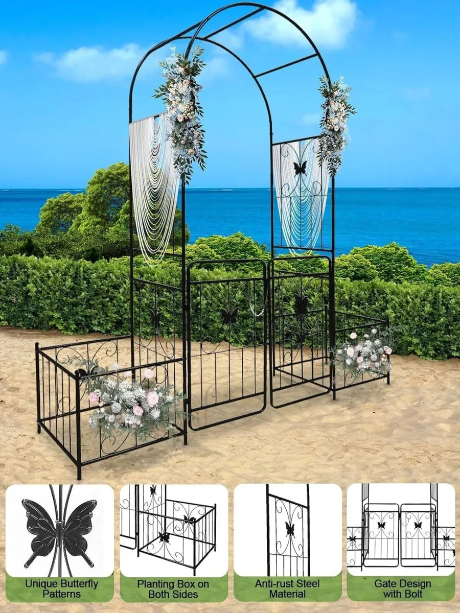 2.2M Garden Arch with Gate and Plant Boxes Metal - Image 4