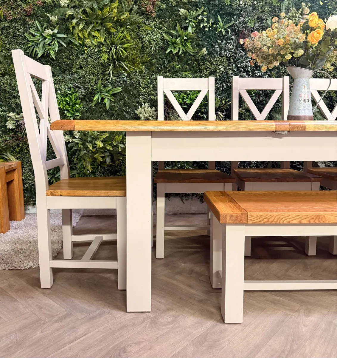 Extending oak kitchen table, 5 chairs & bench - Image 4