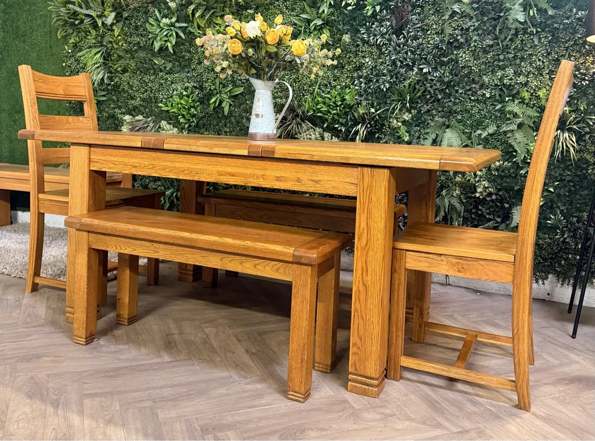 Extending oak kitchen table, 2 chairs & 2 benches - Image 3