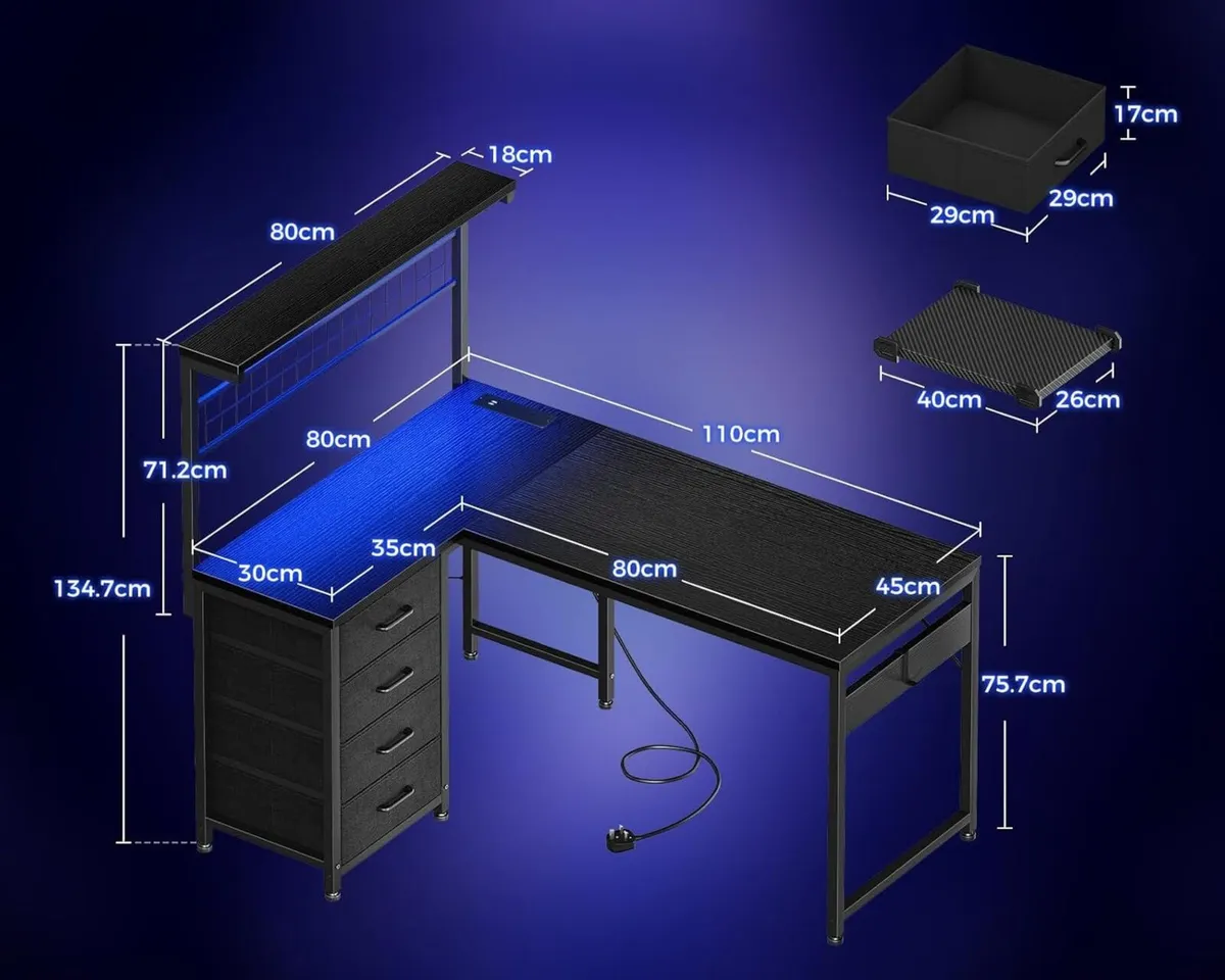 L Shaped Gaming Desk with Drawers Shelf 110 x 80 - Image 3