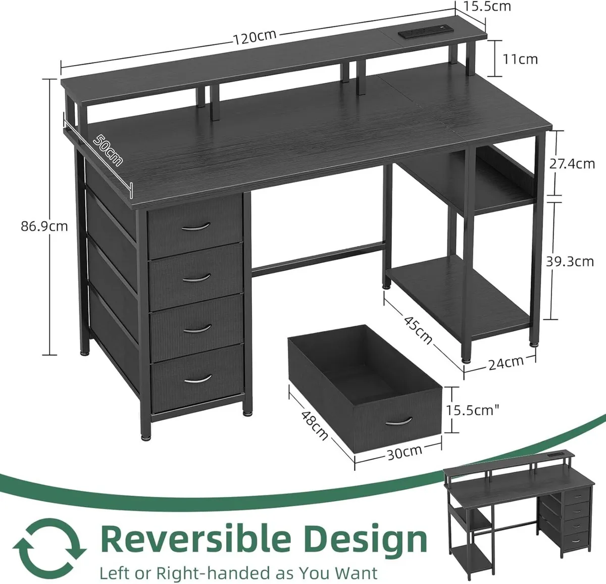 120CM Computer Desk with 4 Fabric Drawers Gaming - Image 3