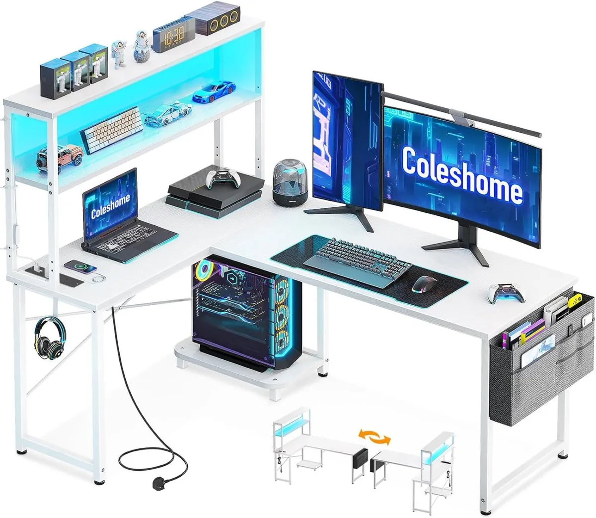 L Shaped Gaming Desk with LED Lights Power Outlet - Image 1