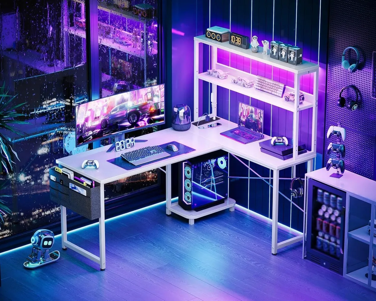 L Shaped Gaming Desk with LED Lights Power Outlet - Image 2