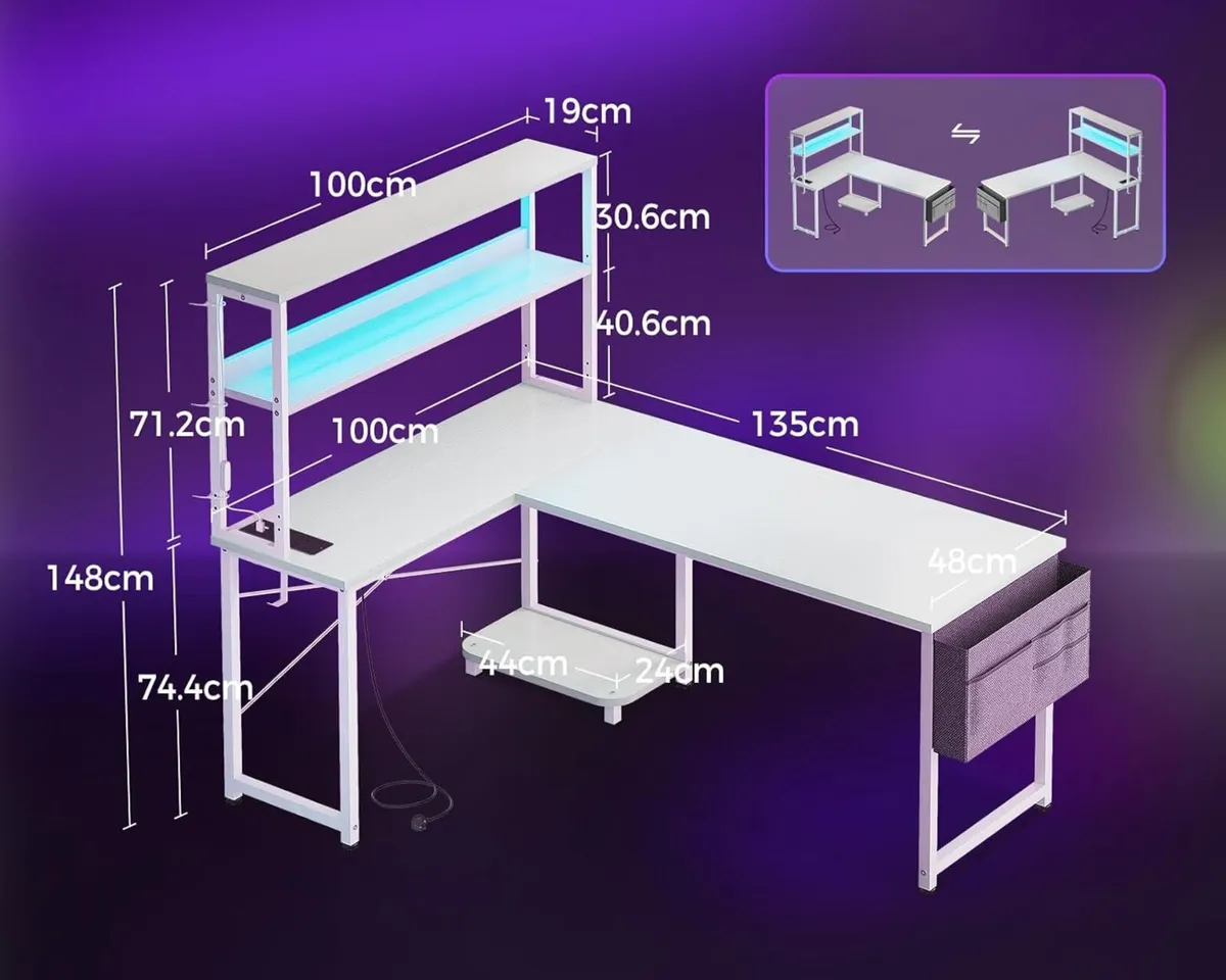L Shaped Gaming Desk with LED Lights Power Outlet - Image 3