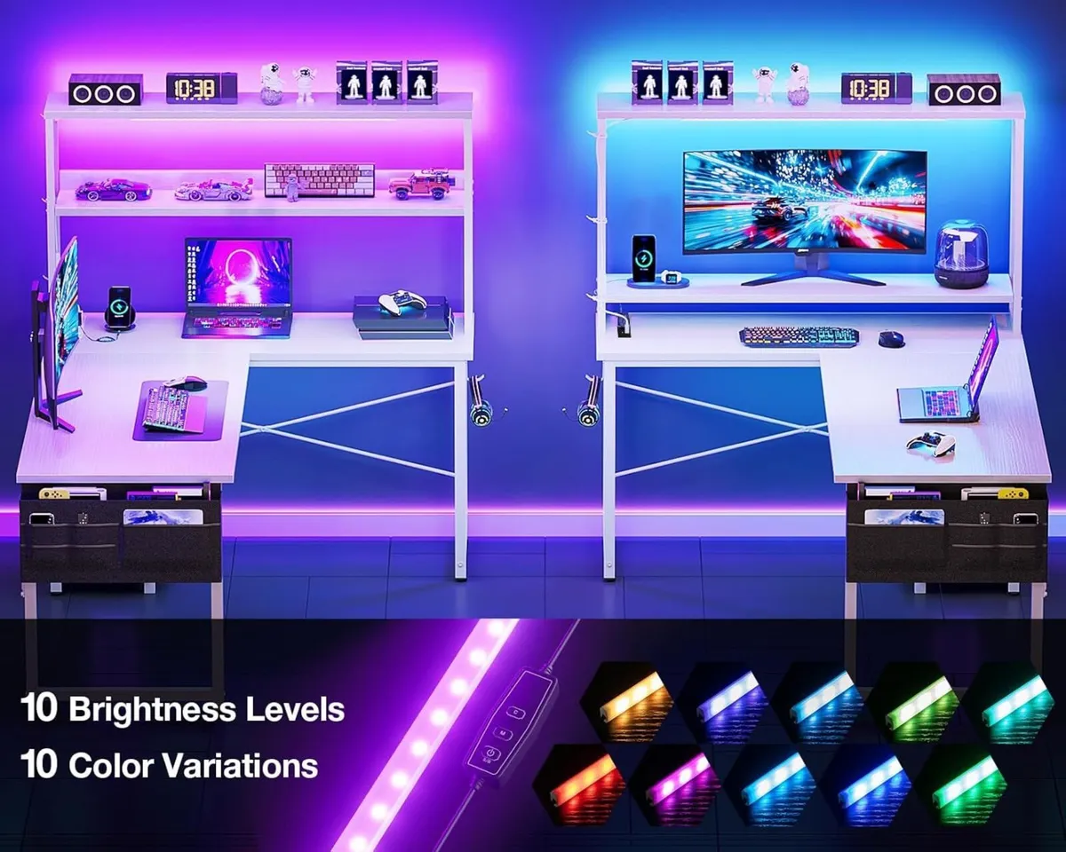 L Shaped Gaming Desk with LED Lights Power Outlet - Image 4