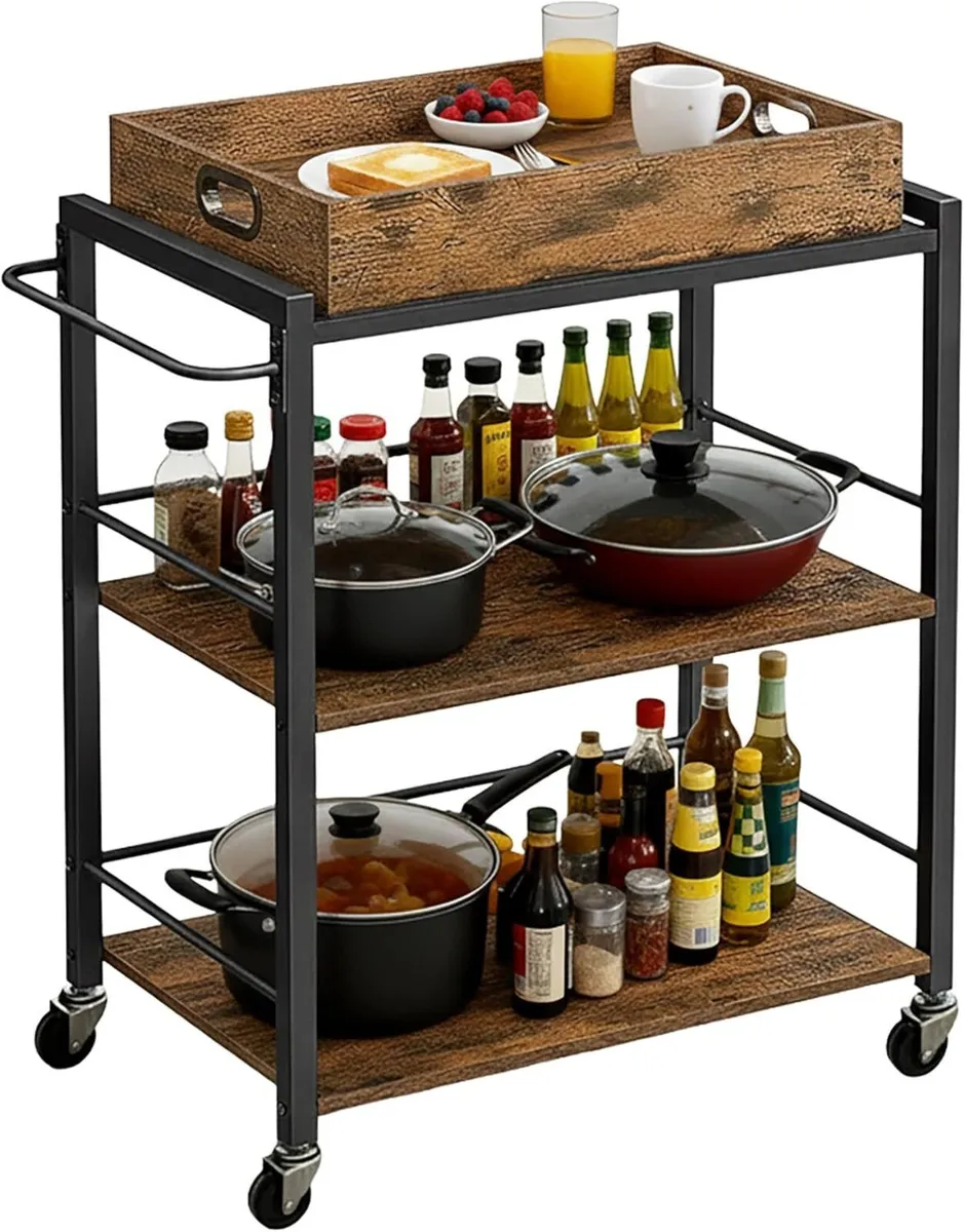 3-Tier Industrial Kitchen Trolley with Removable - Image 1