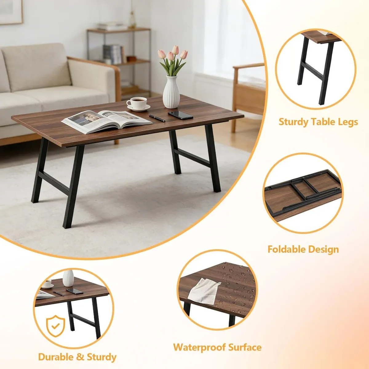 Wooden Folding Coffee Table 39x20x15.7 Inch - Image 4