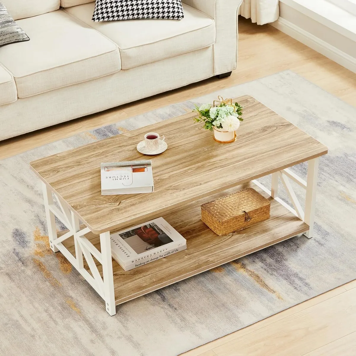 Modern Coffee Table with 2-Tier Storage Wooden - Image 2