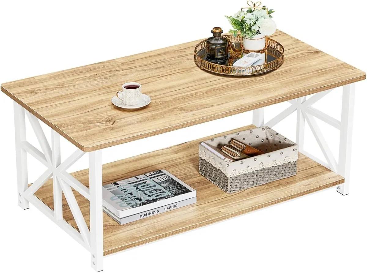 Modern Coffee Table with 2-Tier Storage Wooden - Image 1