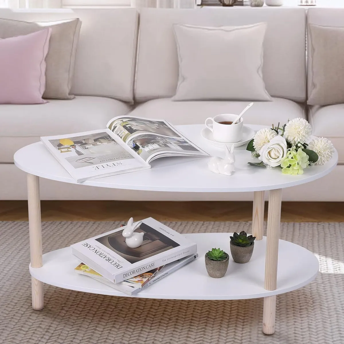 Small Coffee Table 2 Tier Oval Modern with - Image 1