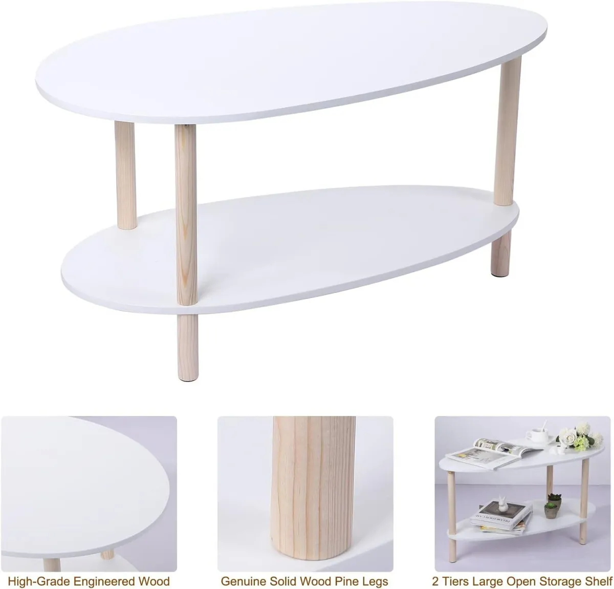 Small Coffee Table 2 Tier Oval Modern with - Image 3