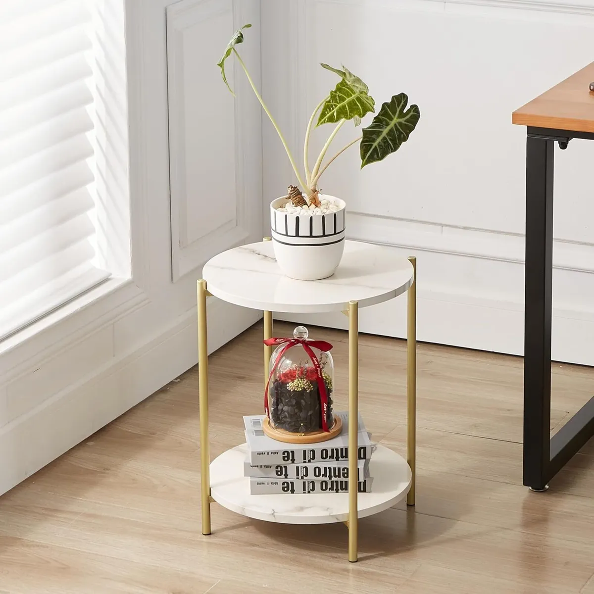 2 Tier Folding Side Table Metal Round End Accent - Image 2