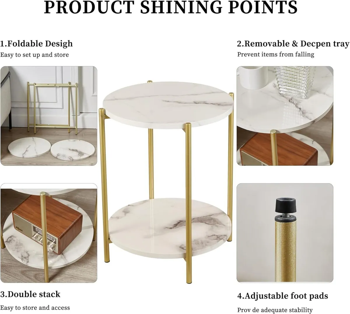 2 Tier Folding Side Table Metal Round End Accent - Image 4