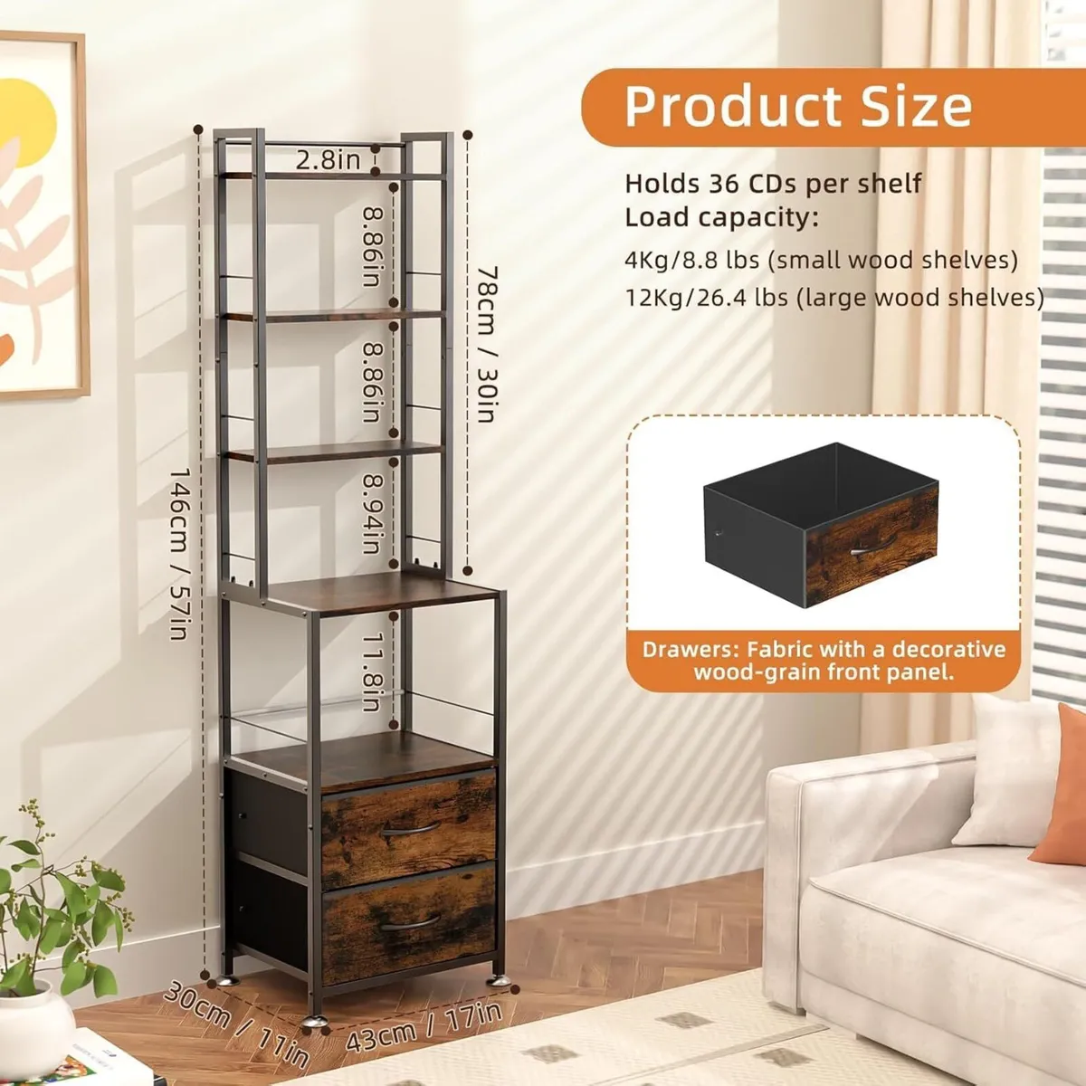 7-Tier CD Storage Rack with 2 Drawers Record - Image 2