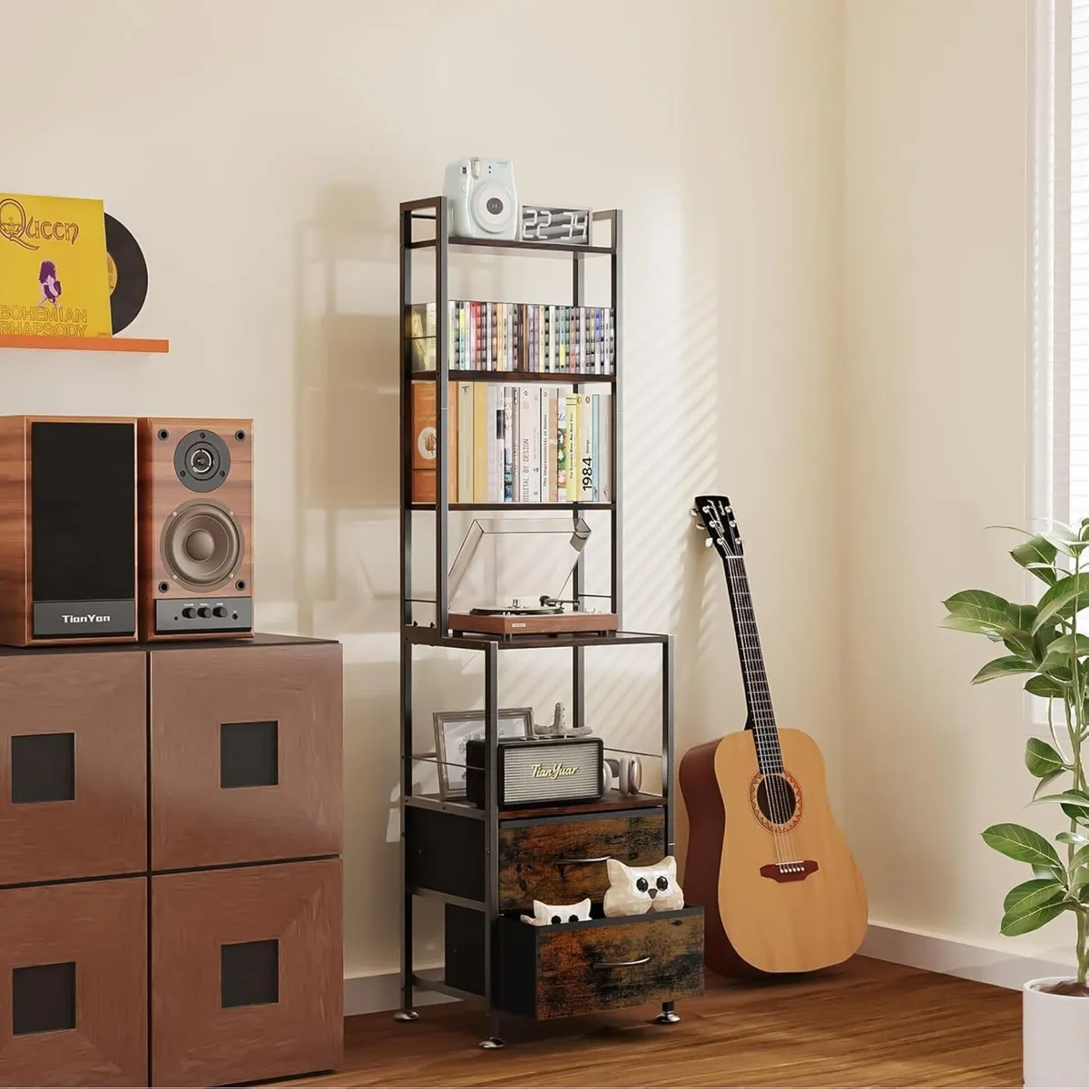 7-Tier CD Storage Rack with 2 Drawers Record - Image 3