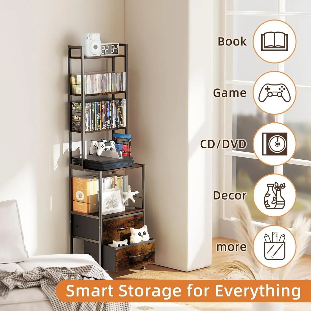 7-Tier CD Storage Rack with 2 Drawers Record - Image 4