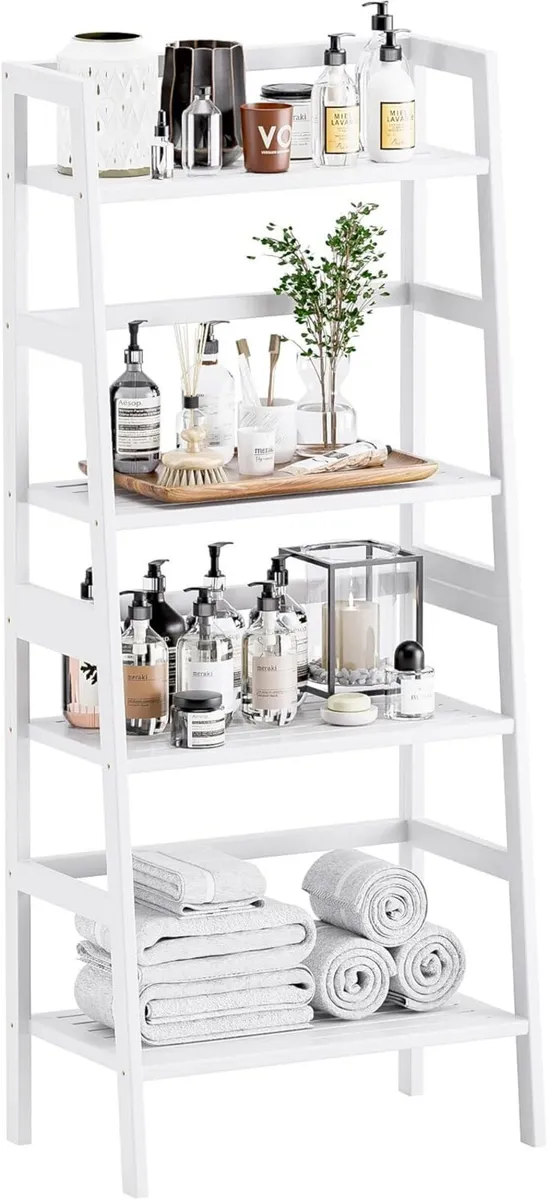 White Ladder Bookshelf 4 Tier Bamboo Bookcase - Image 1
