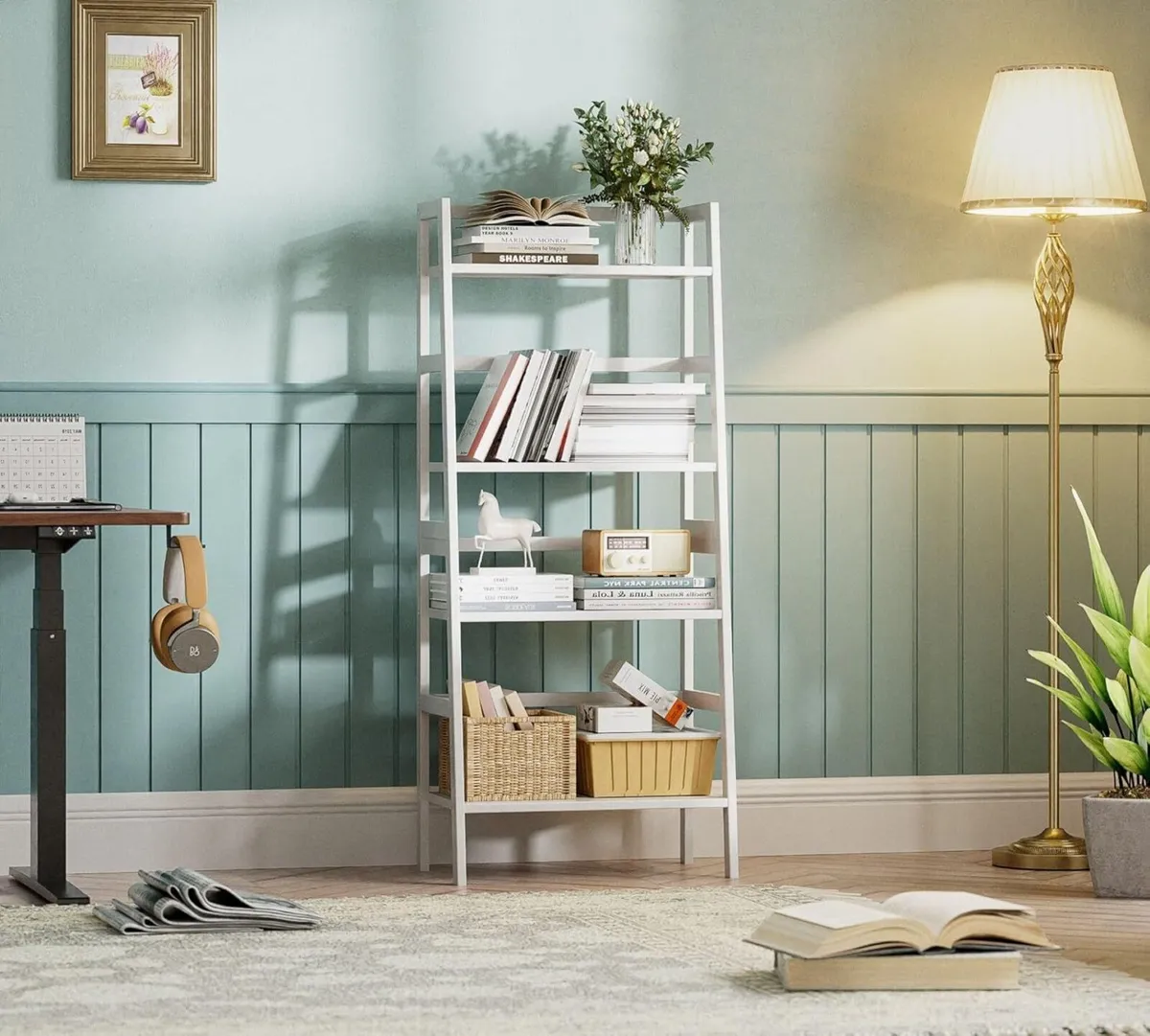 White Ladder Bookshelf 4 Tier Bamboo Bookcase - Image 2