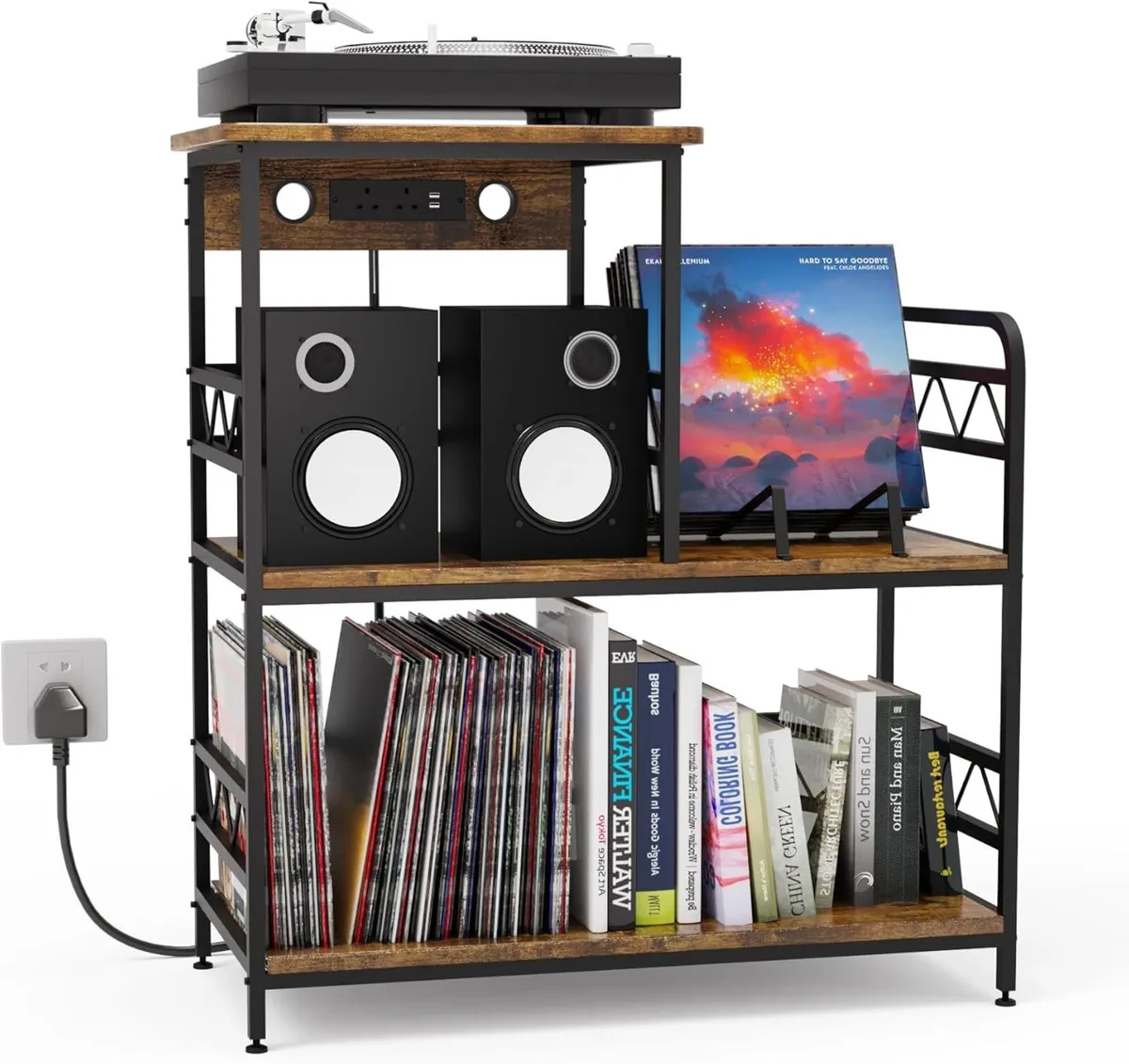 Vinyl Record Player Stand with Charging Station - Image 1