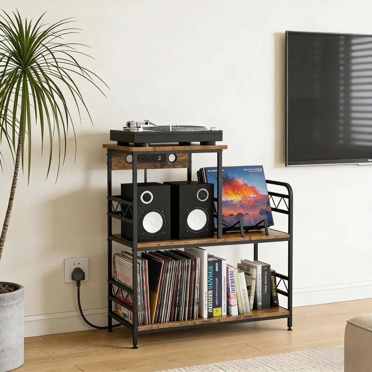 Vinyl Record Player Stand with Charging Station - Image 2