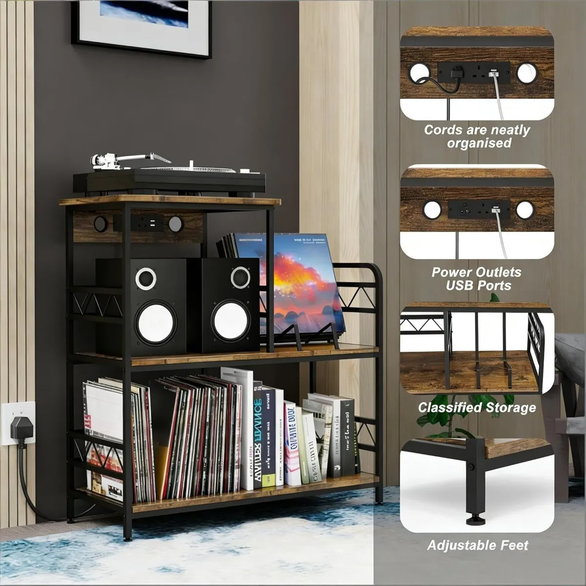 Vinyl Record Player Stand with Charging Station - Image 4