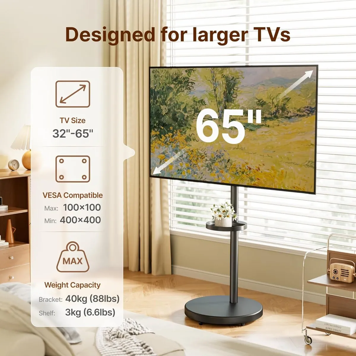 Rolling TV Stand with Wheels for 32–65 Inch TVs - Image 4