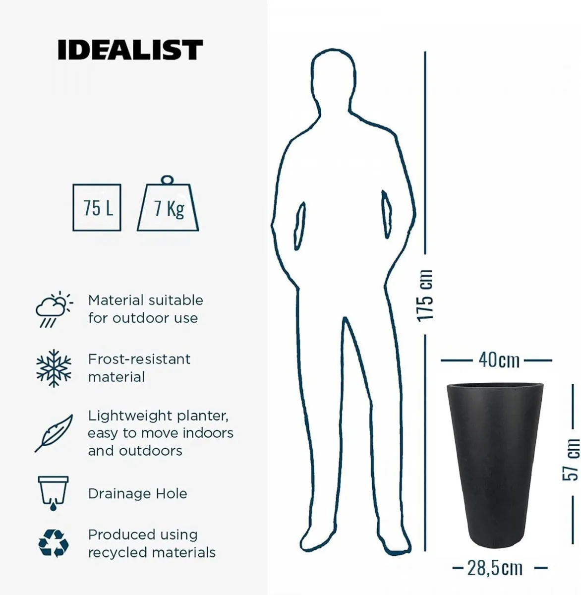 57cm Large Tall Plant Pot Dark Grey Reinforced - Image 2