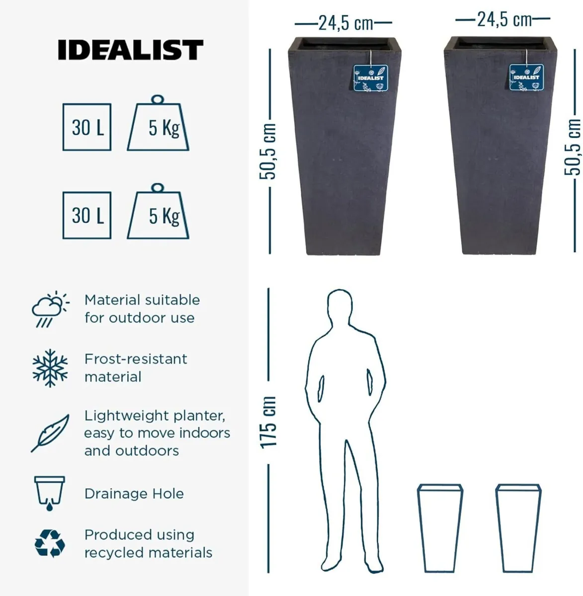 Set of 2 Small 50.5cm Tall Planter for Garden - Image 3