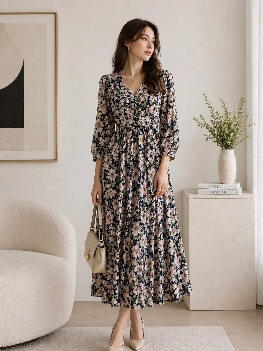 Ladies black-based floral print midi dress Size 10 - Image 1