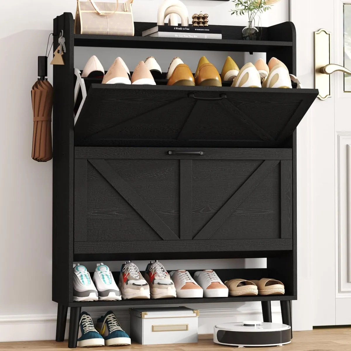 Farmhouse Shoe Cabinet with Two Flip Drawers - Image 1
