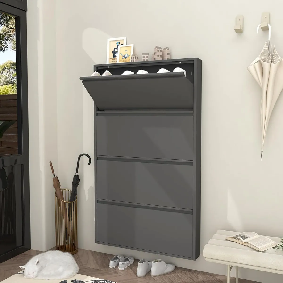 Shoe Storage Cabinet with 4 Flip Drawers Narrow - Image 2