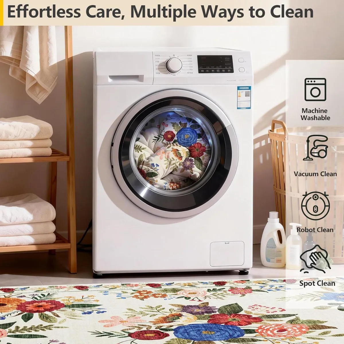 Large Vintage Floral Machine Washable Rug for - Image 3