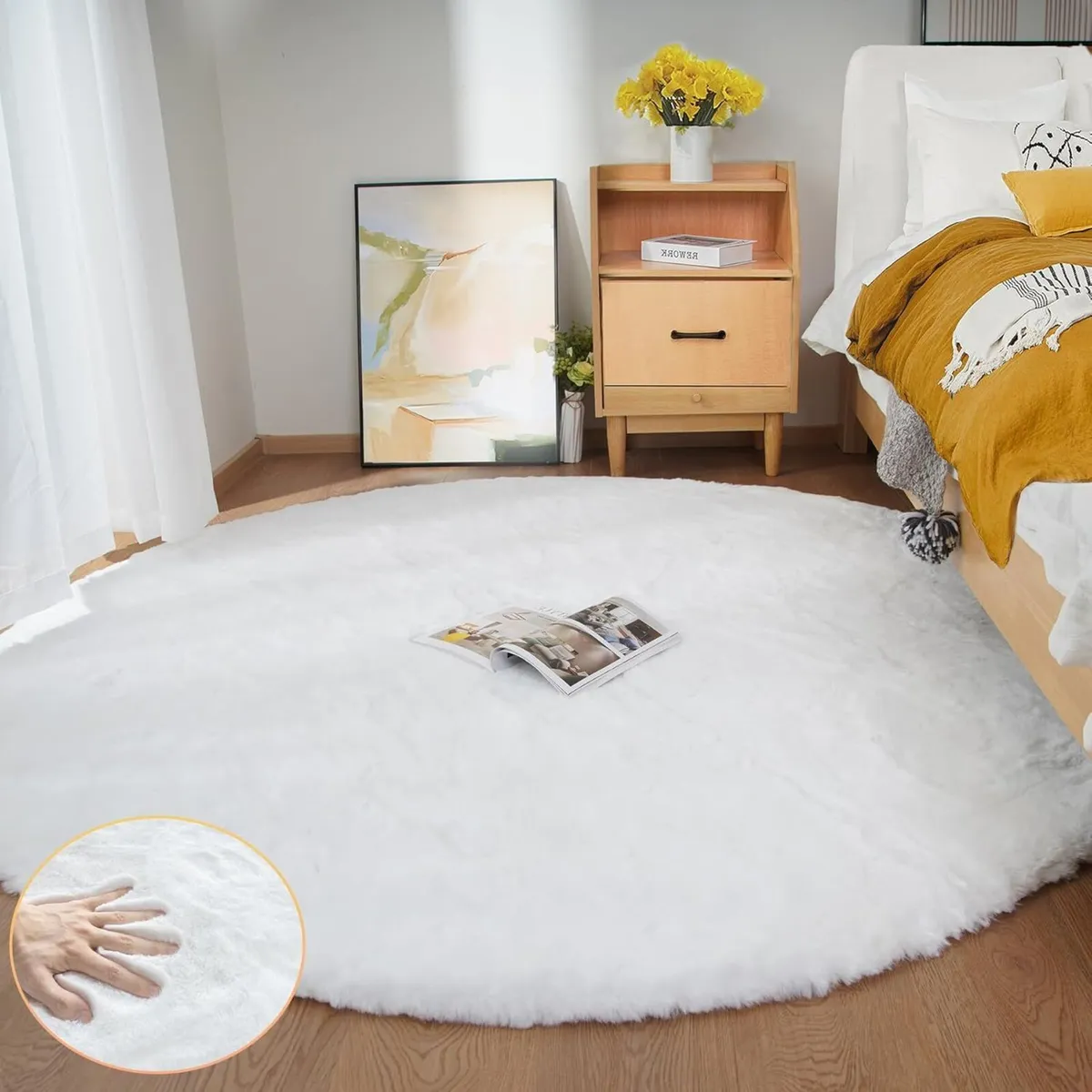 White Round Shag Rugs 180cm Faux Rabbit Washable - Image 1