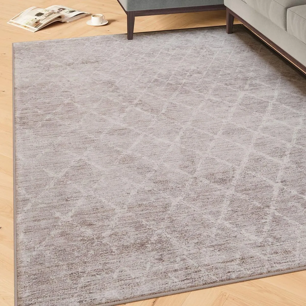 Machine Washable Grey Cotton Large Rugs Traditiona - Image 1