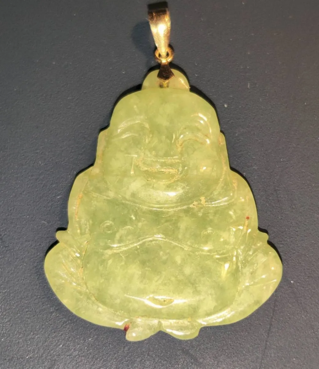 REAL GREEN JADE BUDDAH, 24CT Gold Hook Pendant ! - Image 1