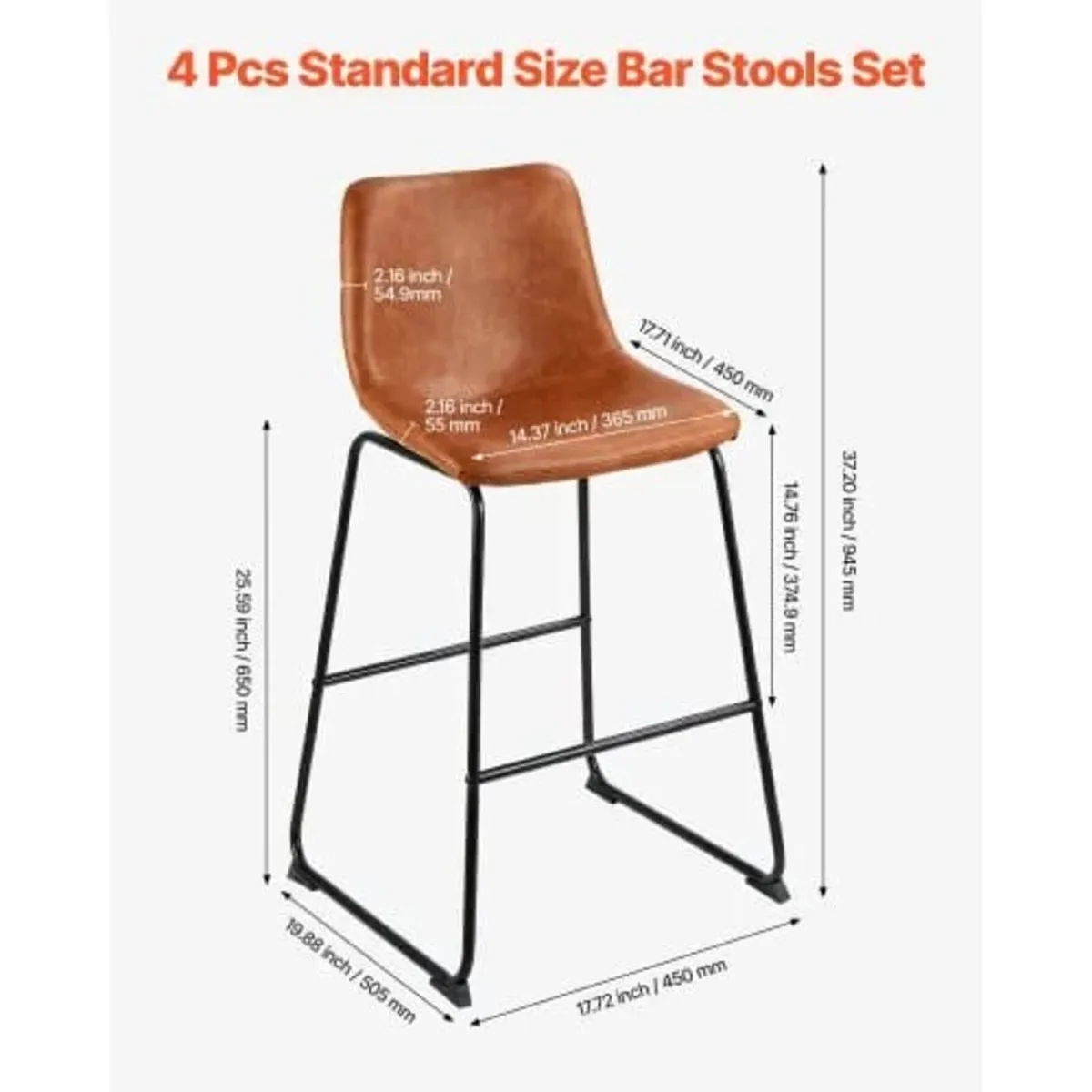 Bar Stool Set of 4, 65cm Counter Height Stools, Mo - Image 2