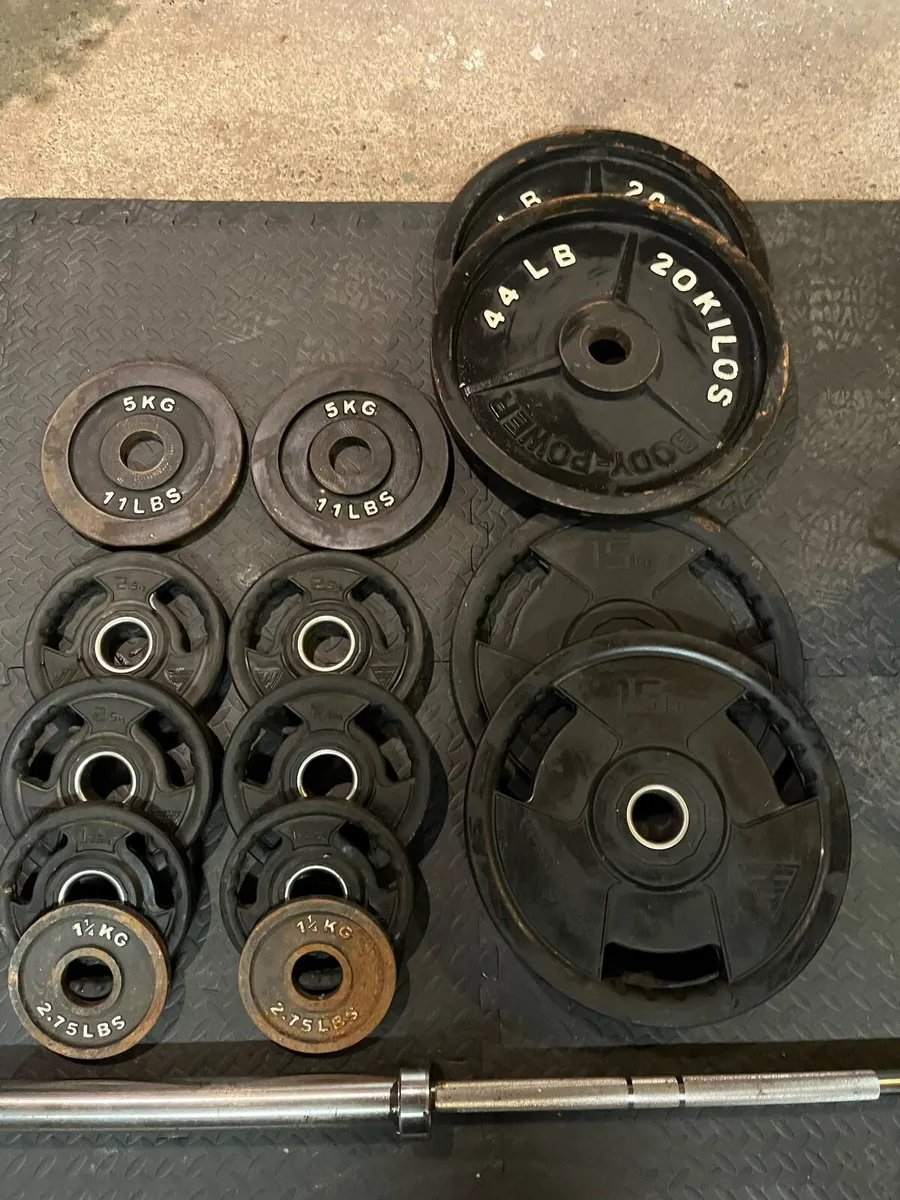 Olympic Barbell, Plates and Bench - Image 3