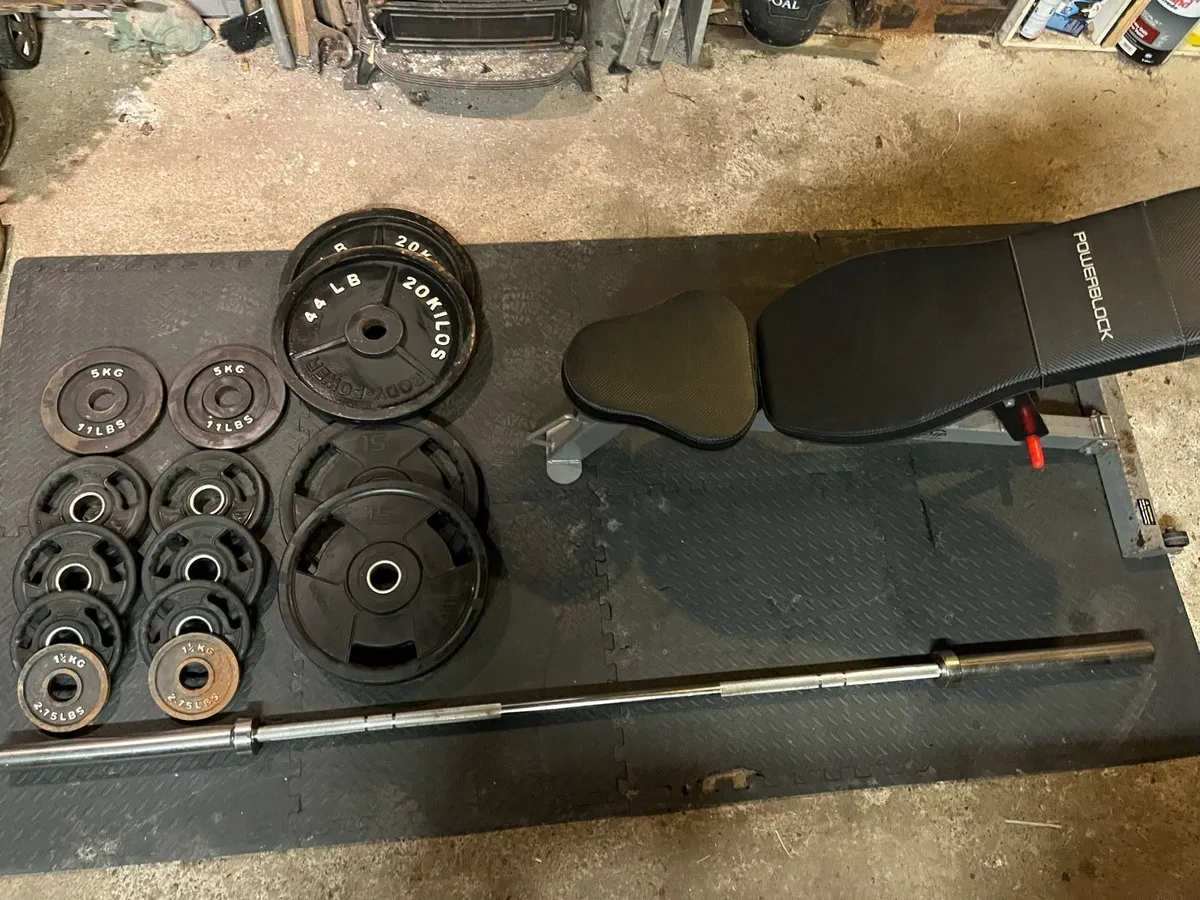 Olympic Barbell, Plates and Bench - Image 1