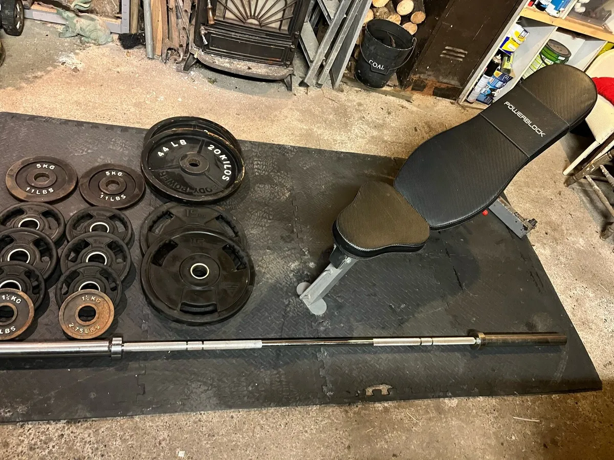 Olympic Barbell, Plates and Bench - Image 2