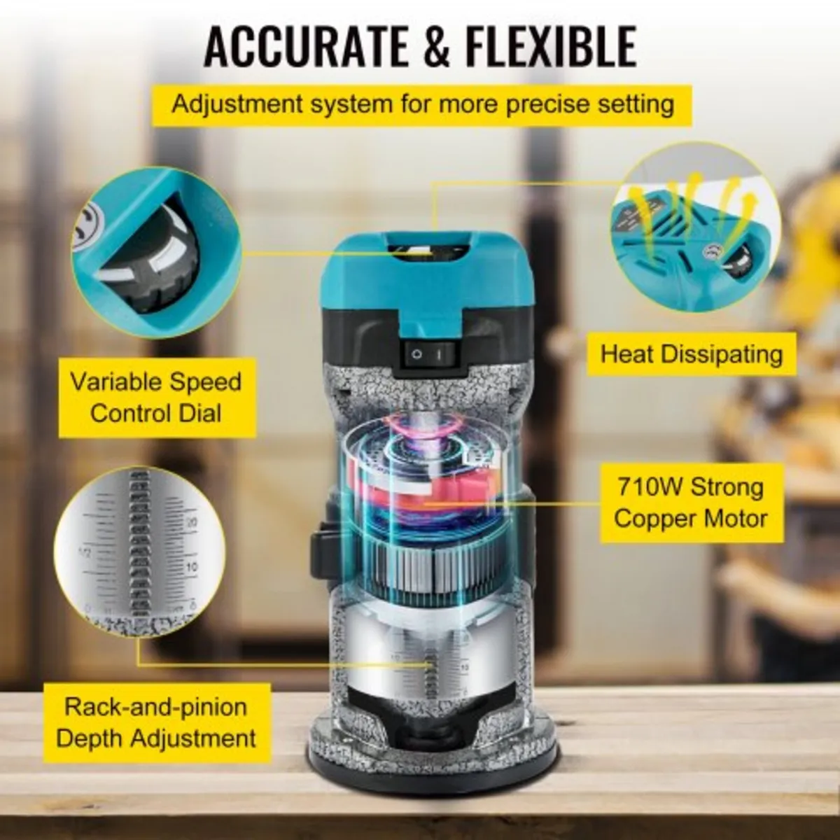 710W Wood Router, Router for Woodworking with 3 Ro - Image 3