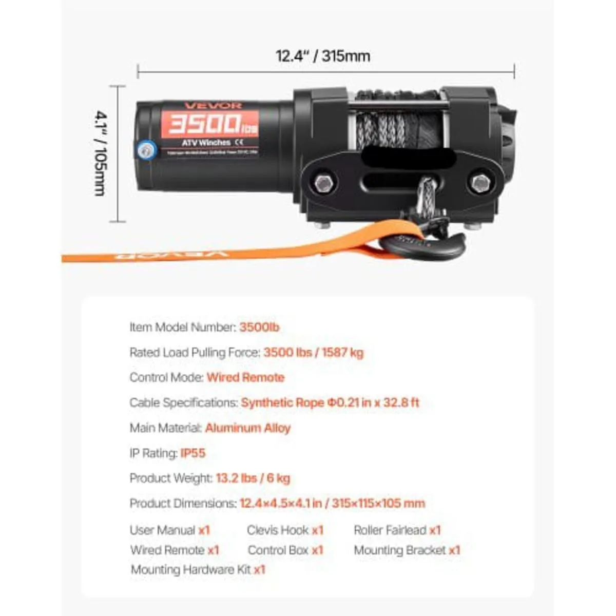1587 kg Electric Winch, 12V DC ATV/UTV Winch with - Image 2