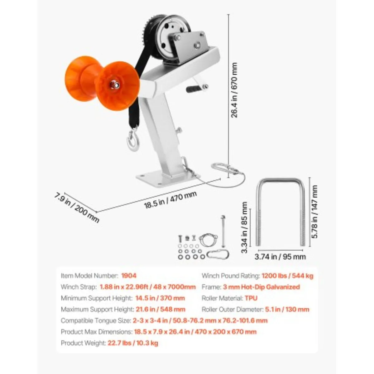 Boat Trailer Winch Stand with Roller, 544 kg Winch - Image 4