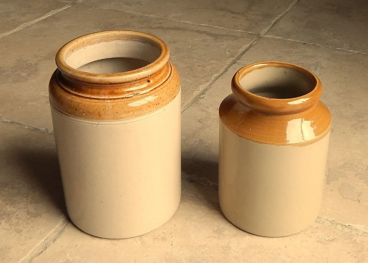 2 Salt Glazed Earthenware Storage Jars - Image 1
