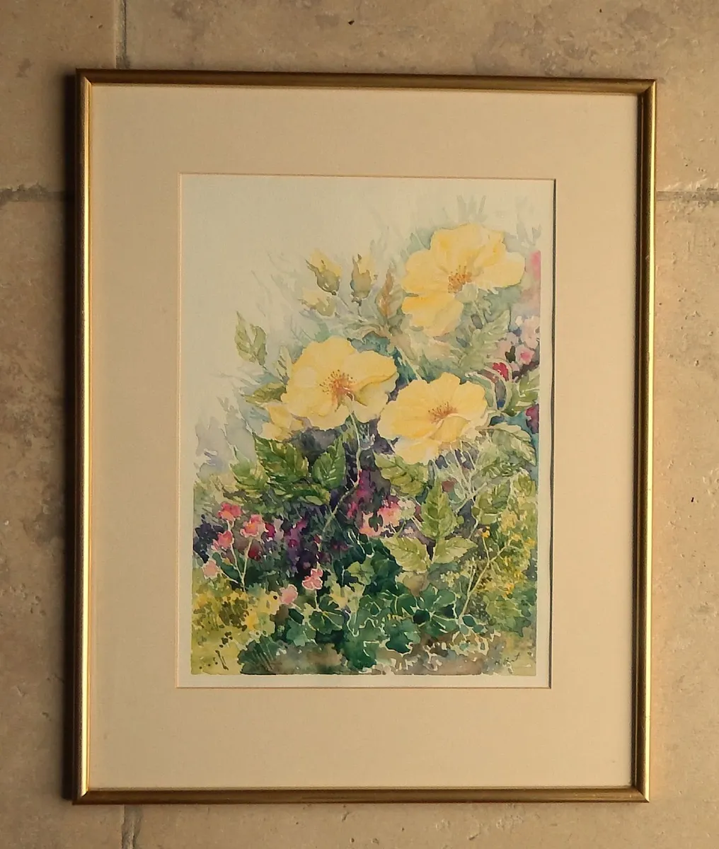 Large Signed Floral Watercolour of Roses - Image 1