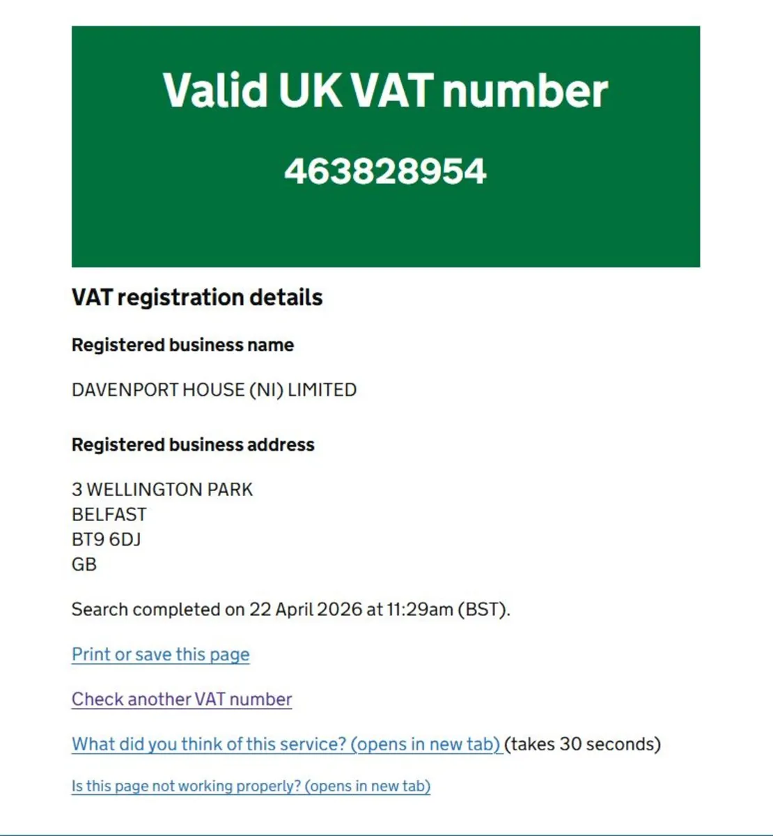 Northern Ireland, VAT-registered Limited Company
