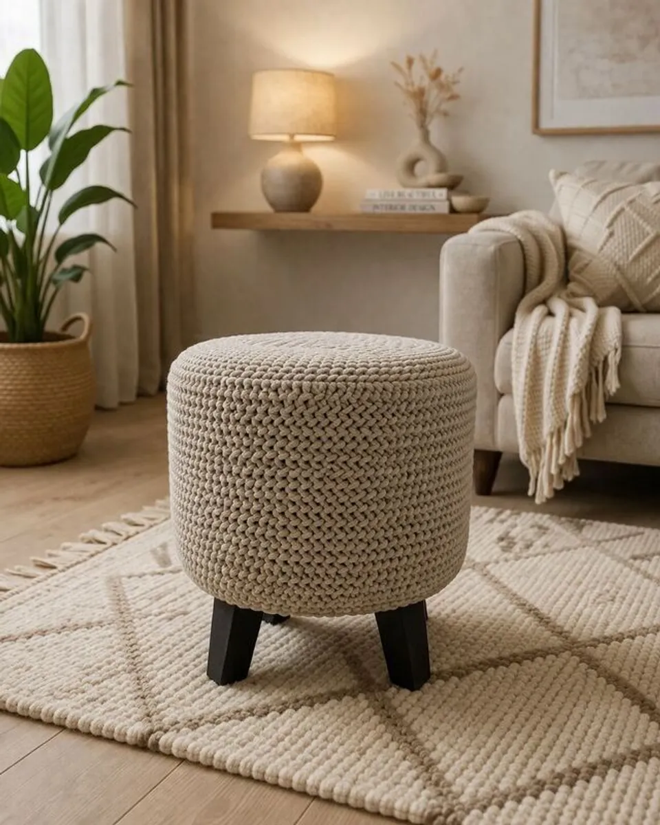 Handmade Chunky Knit Pouf with Wooden Legs Scandi / Boho Style - Image 1