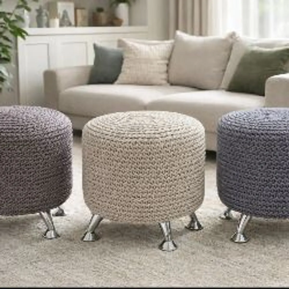 Handmade Chunky Knit Pouf with Wooden Legs Scandi / Boho Style - Image 2