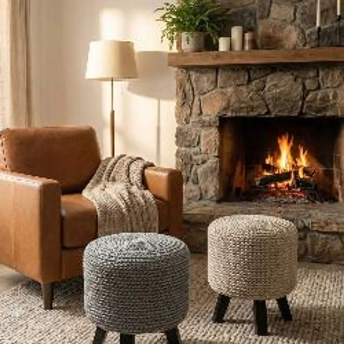 Handmade Chunky Knit Pouf with Wooden Legs Scandi / Boho Style - Image 3