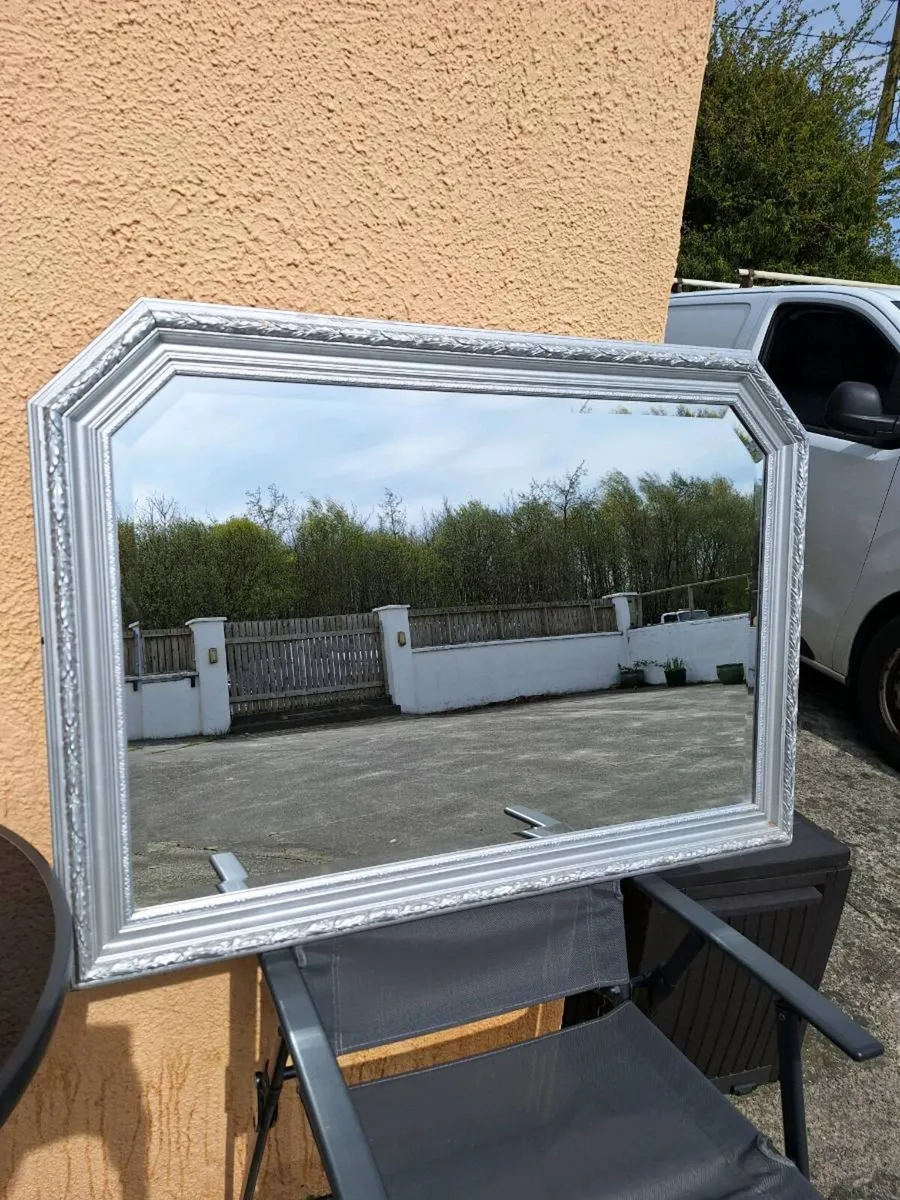 Large silver framed bevelled mirror - Image 1