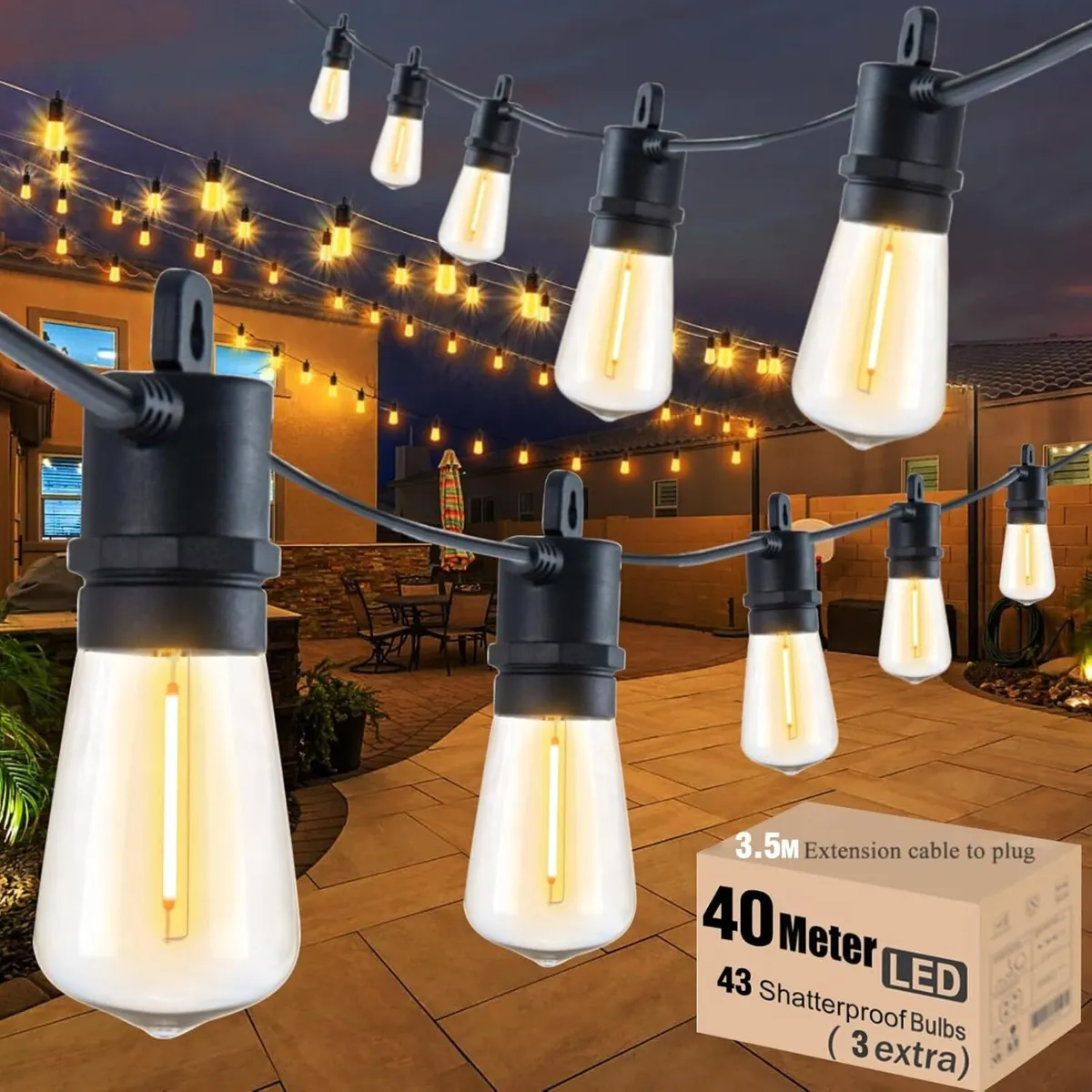 Festoon Lights Outdoor 40M Mains IP65 with 43 LED - Image 1